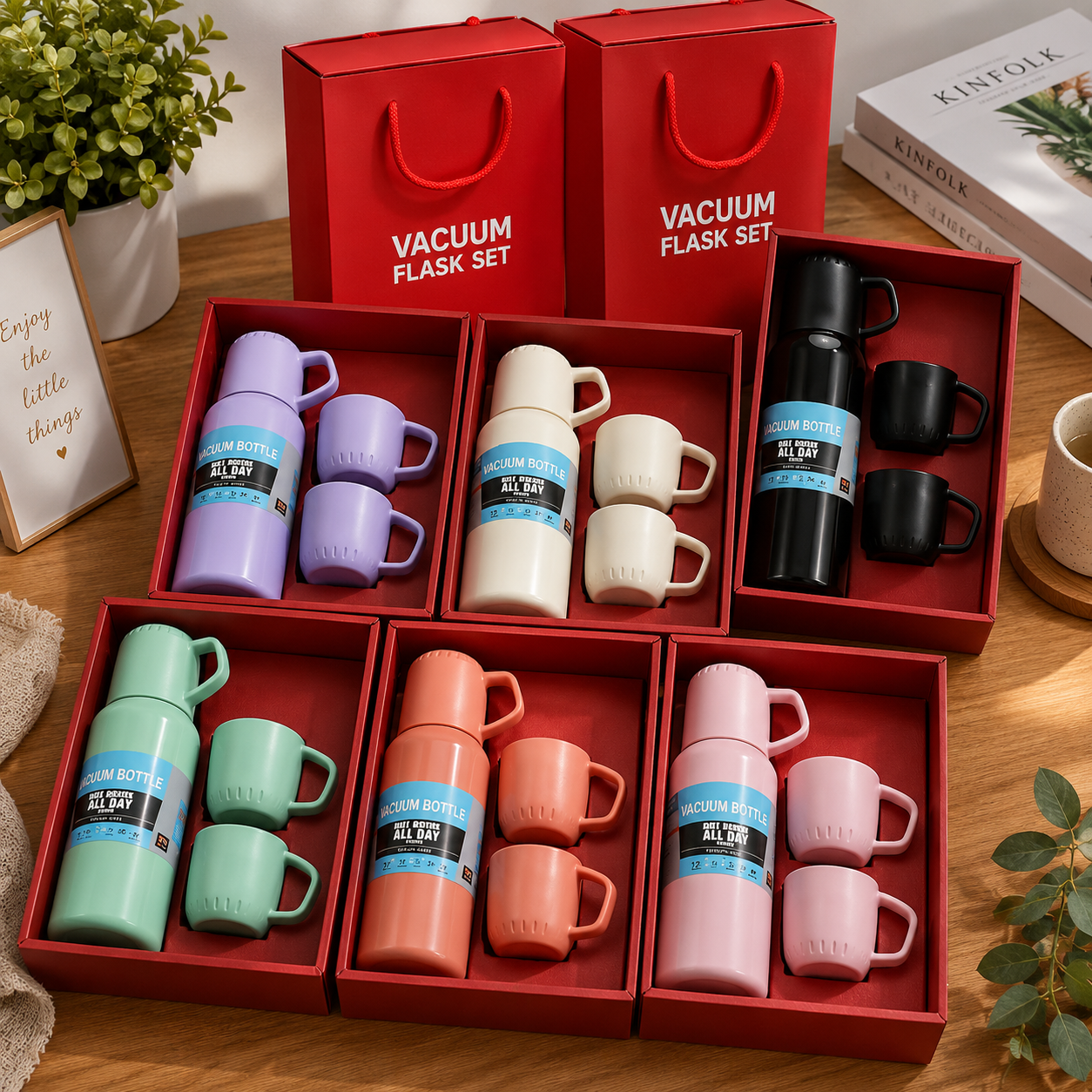 Set Termo Y Tres Tazas De Acero Inoxi